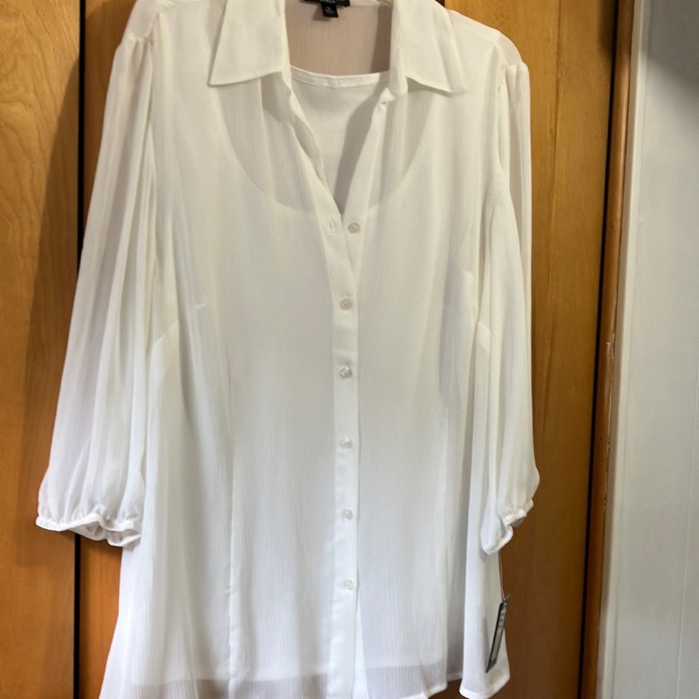 Off sheer blouse button up with tank, 31 inches long, 26 inches side to side.